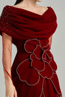 Red off-shoulder velvet gown by HAPPY CLOTHING, stylish and elegant for special occasions.