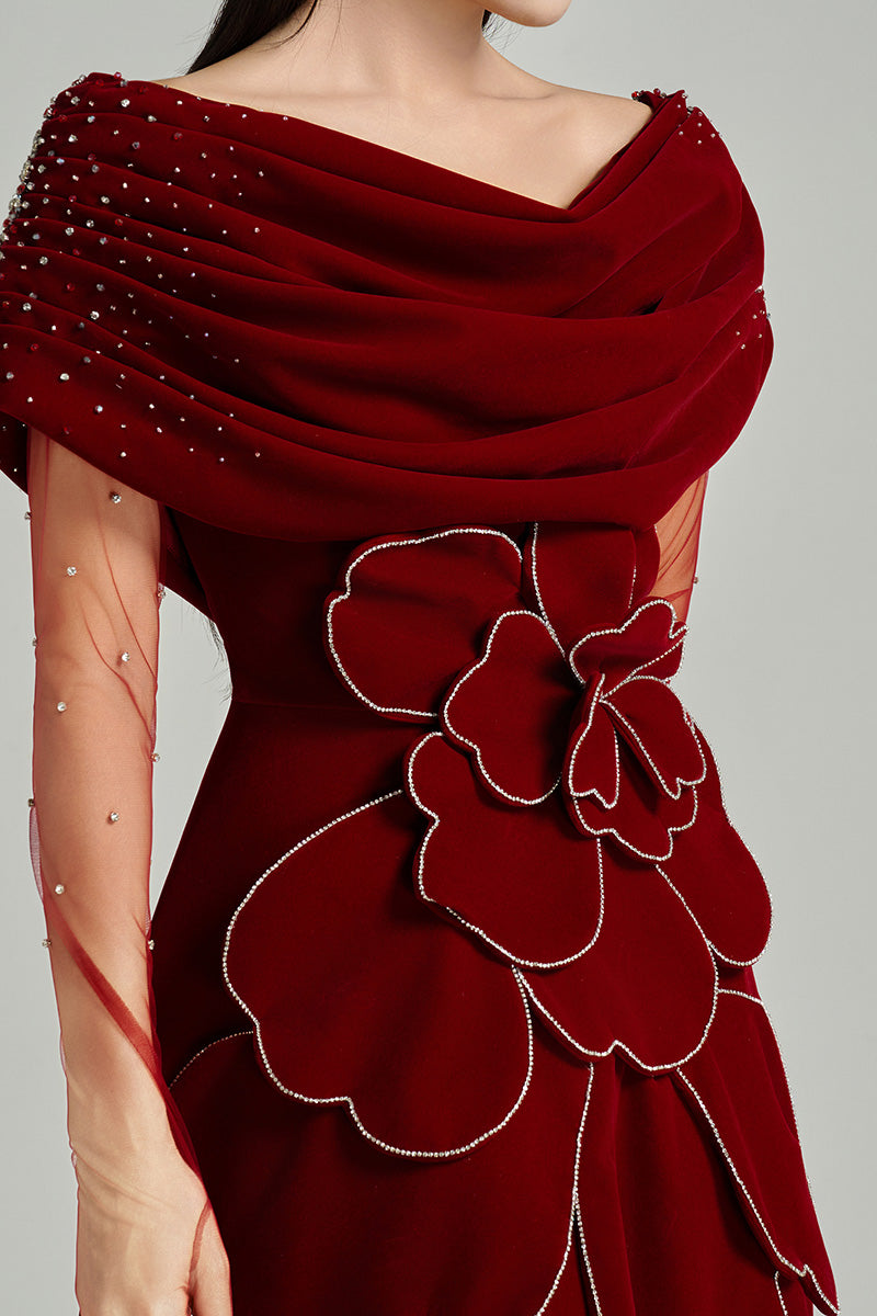 Red off-shoulder velvet gown by HAPPY CLOTHING, stylish and elegant for special occasions.