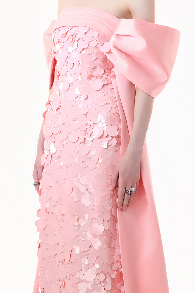 Blush pink gown by Happy Clothing featuring paillette embellishments and bow-sleeves, perfect for special occasions.