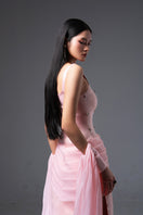 Pink CULT MIA X HAPPY CLOTHING Sienna cold shoulder taffeta gown with ruffled sleeves and elegant design.