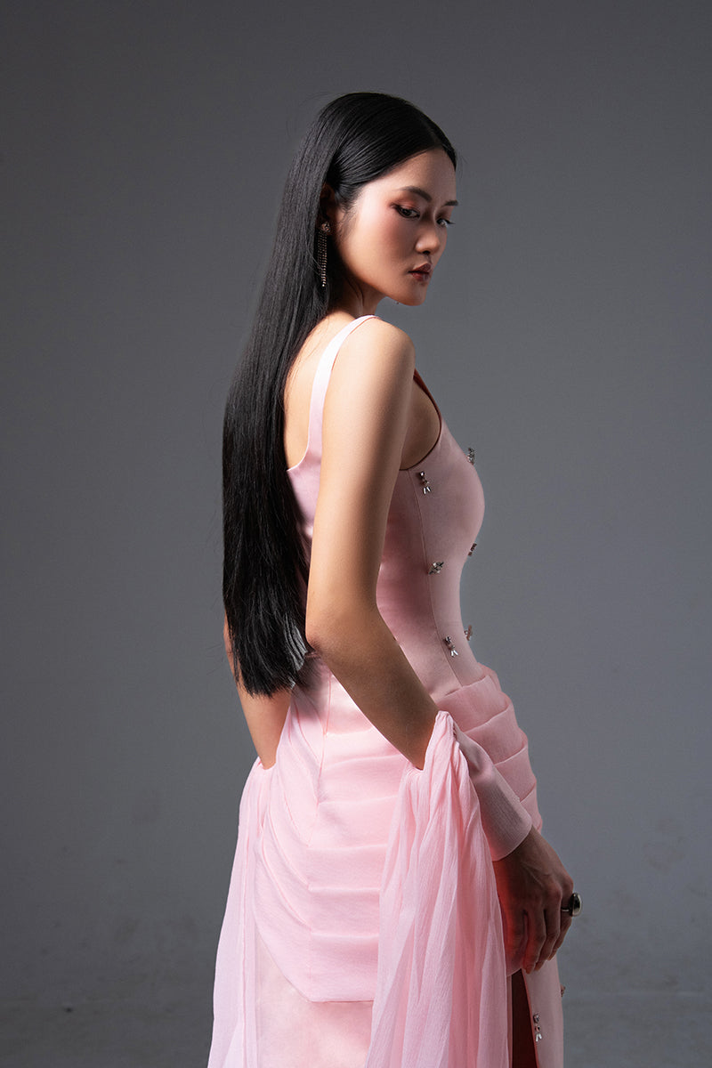 Pink CULT MIA X HAPPY CLOTHING Sienna cold shoulder taffeta gown with ruffled sleeves and elegant design.