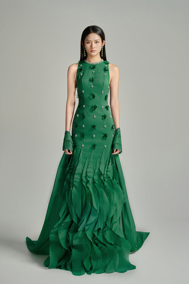 CULT MIA X HAPPY CLOTHING POTTER MERMAID JEWEL NECK ORGANZA MAXI DRESS IN GREEN