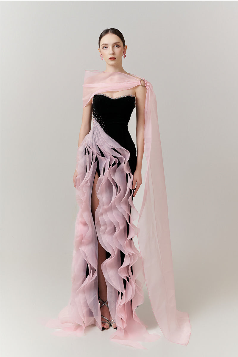 CASCADE WAVE COLUMN GOWN WITH HIGH SLIT - CULT MIA