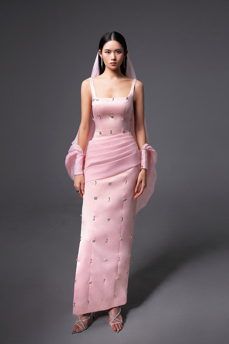 Pink CULT MIA X HAPPY CLOTHING Siena cold shoulder taffeta gown with ruffled sleeves, elegant and stylish evening dress.