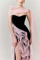Elegant cascade wave column gown with high slit by Happy Clothing, featuring flowing fabric and a stylish, floor-length design.