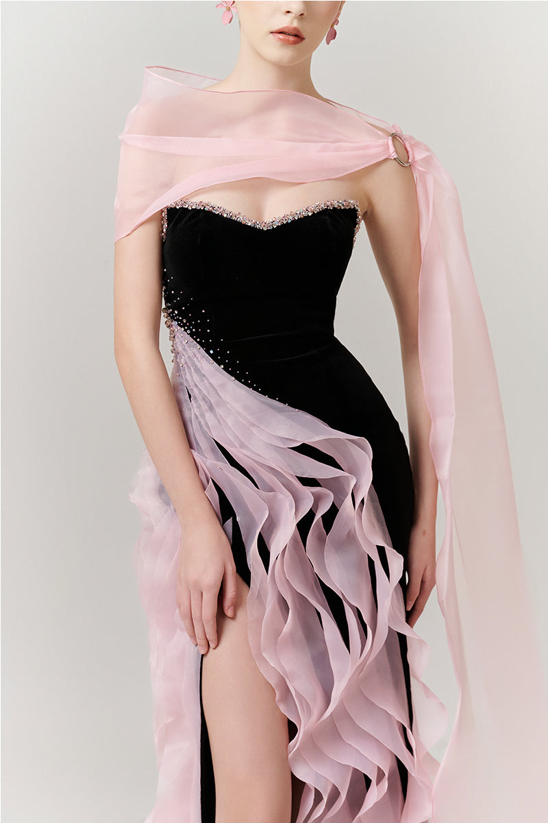 Elegant cascade wave column gown with high slit by Happy Clothing, featuring flowing fabric and a stylish, floor-length design.