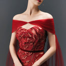 HAPPY CLOTHING CULT MIA X burgundy flower wave A-line maxi gown with matching scarf, flowing fabric and elegant floral design.