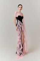 Elegant cascade wave column gown with high slit by Happy Clothing, showcasing flowing fabric and sophisticated design.