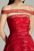 Red off-shoulder organza gown by Happy Clothing, featuring a flowing design and elegant style, perfect for formal occasions.