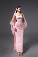 Pink CULT MIA X HAPPY CLOTHING Sienna cold shoulder taffeta gown, elegant formal dress with stylish design and flowing fabric.