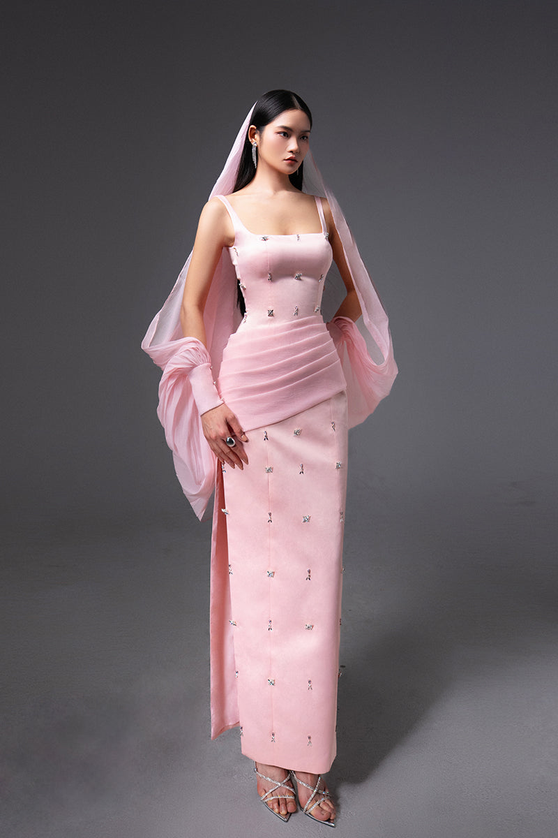 Pink CULT MIA X HAPPY CLOTHING Sienna cold shoulder taffeta gown, elegant formal dress with stylish design and flowing fabric.
