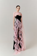 Elegant cascade wave column gown with high slit by Happy Clothing, featuring flowing fabric and a sleek, sophisticated silhouette.