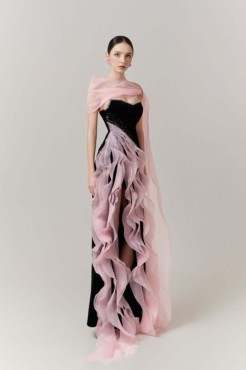 Elegant cascade wave column gown with high slit by Happy Clothing, featuring flowing fabric and a sleek, sophisticated silhouette.