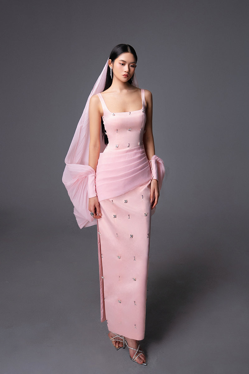 CULT MIA X HAPPY CLOTHING SIENNA COLD SHOULDER TAFFETA MAXI DRESS IN PINK - CULT MIA