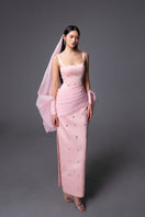 Pink CULT MIA X HAPPY CLOTHING Siena cold shoulder taffeta gown displayed on a model, showcasing elegant design and flowing fabric.