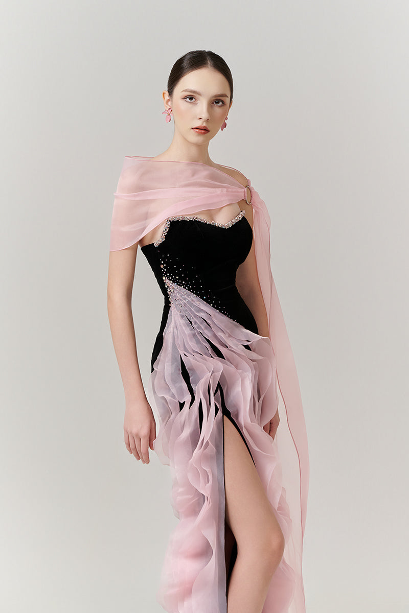 CASCADE WAVE COLUMN GOWN WITH HIGH SLIT - CULT MIA