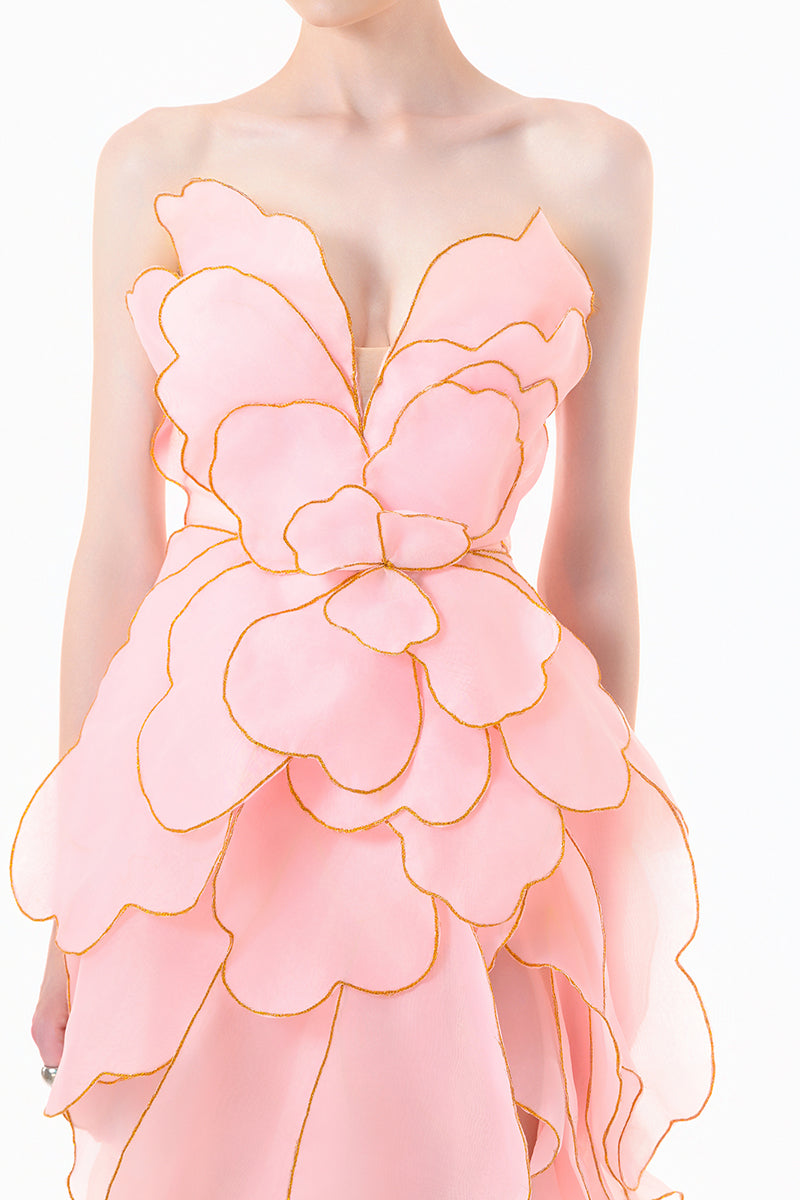 Elegant blooming blush rose tiered gown by Happy Clothing, featuring flowing fabric and a layered design perfect for formal occasions.