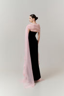 Elegant cascade wave column gown with high slit by Happy Clothing, featuring flowing fabric and sophisticated design.