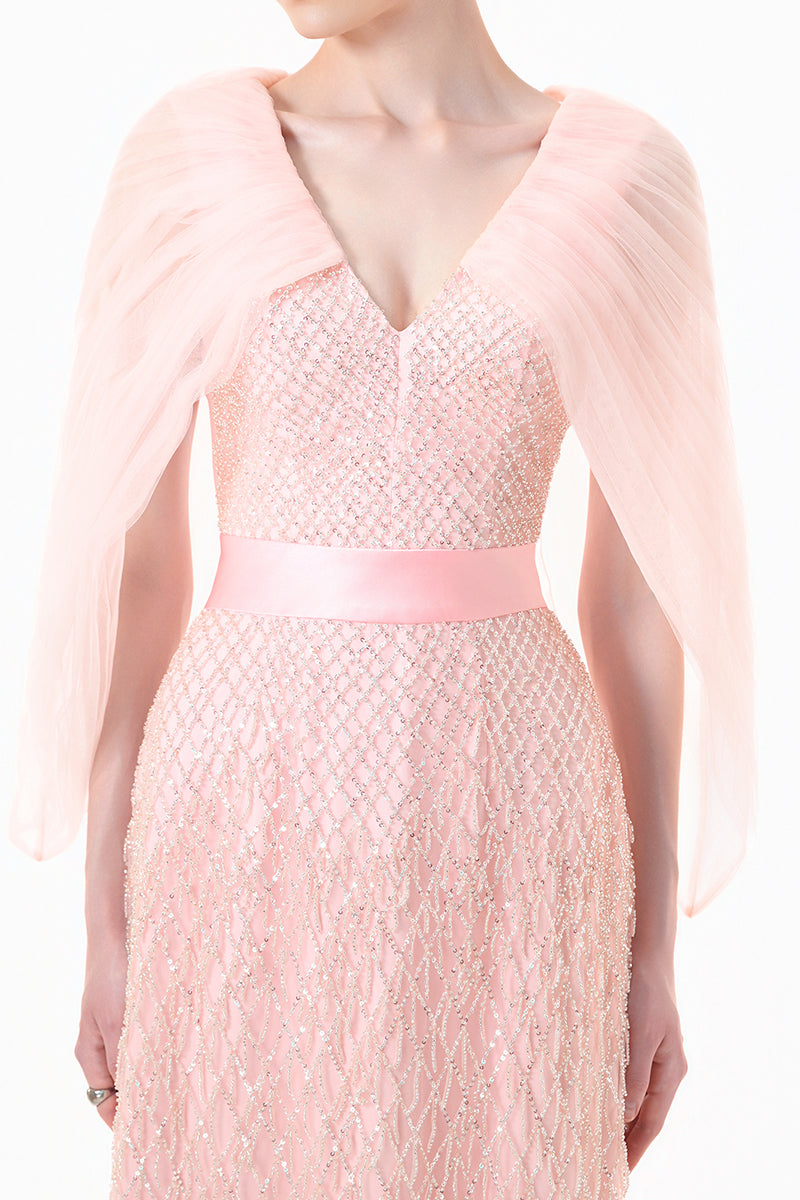 Blush pink beaded V-neck cape gown by HAPPY CLOTHING, elegant and flowing with intricate bead detailing.