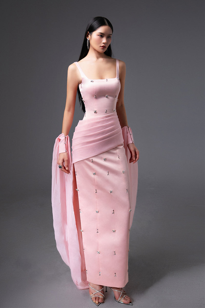 CULT MIA X HAPPY CLOTHING SIENNA COLD SHOULDER TAFFETA MAXI DRESS IN PINK - CULT MIA