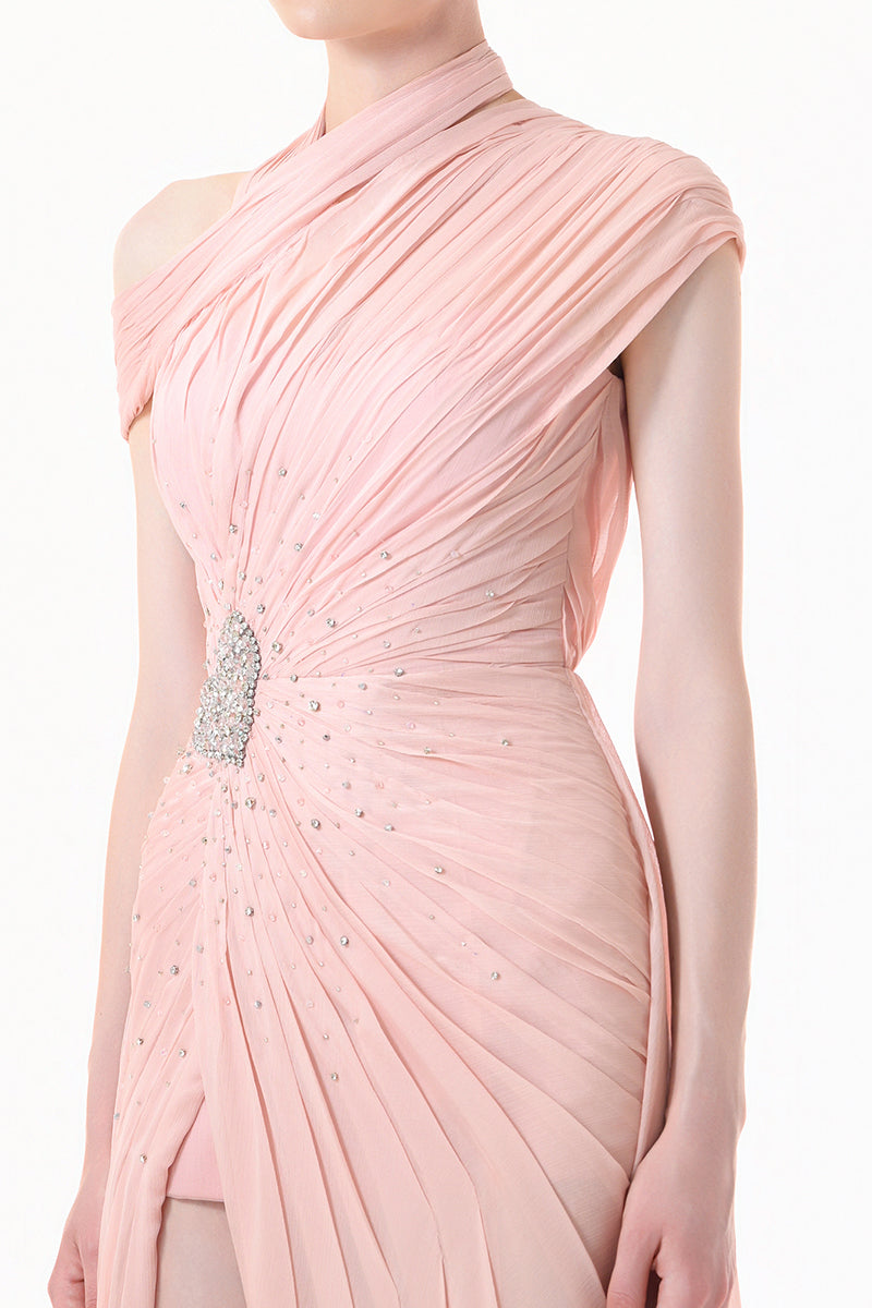 Blush rose pleated draped maxi gown by Happy Clothing, flowing fabric with elegant pleats and a graceful silhouette.