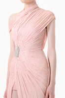 Blush rose pleated draped maxi gown by Happy Clothing, flowing fabric with elegant pleats and a graceful silhouette.