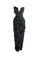 Black velvet V-neck petal strapless gown by Happy Clothing, shown with flowing fabric and elegant design details.