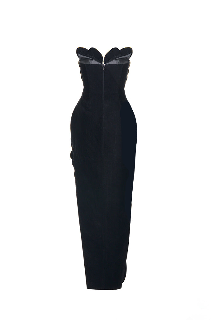 VELVET V-NECK PETAL STRAPLESS MAXI DRESS IN BLACK - CULT MIA