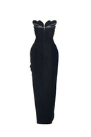 Black velvet V-neck strapless gown with petal details from HAPPY CLOTHING, elegant and flowing for formal occasions.