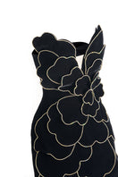 Black velvet V-neck petal strapless gown by Happy Clothing, featuring a flowing silhouette and elegant design.