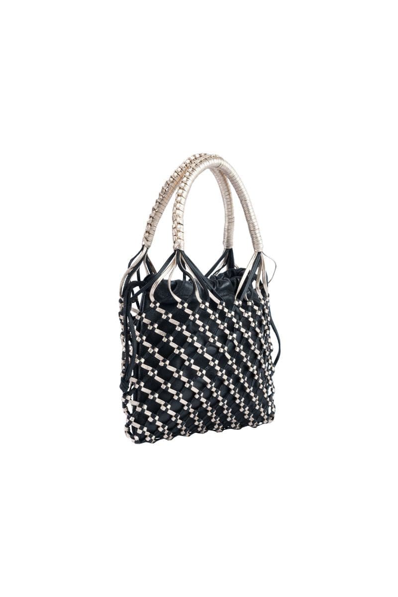 Black La Red mini leather bag by Adriana Castro, top handle design with sleek, compact silhouette and elegant finish.