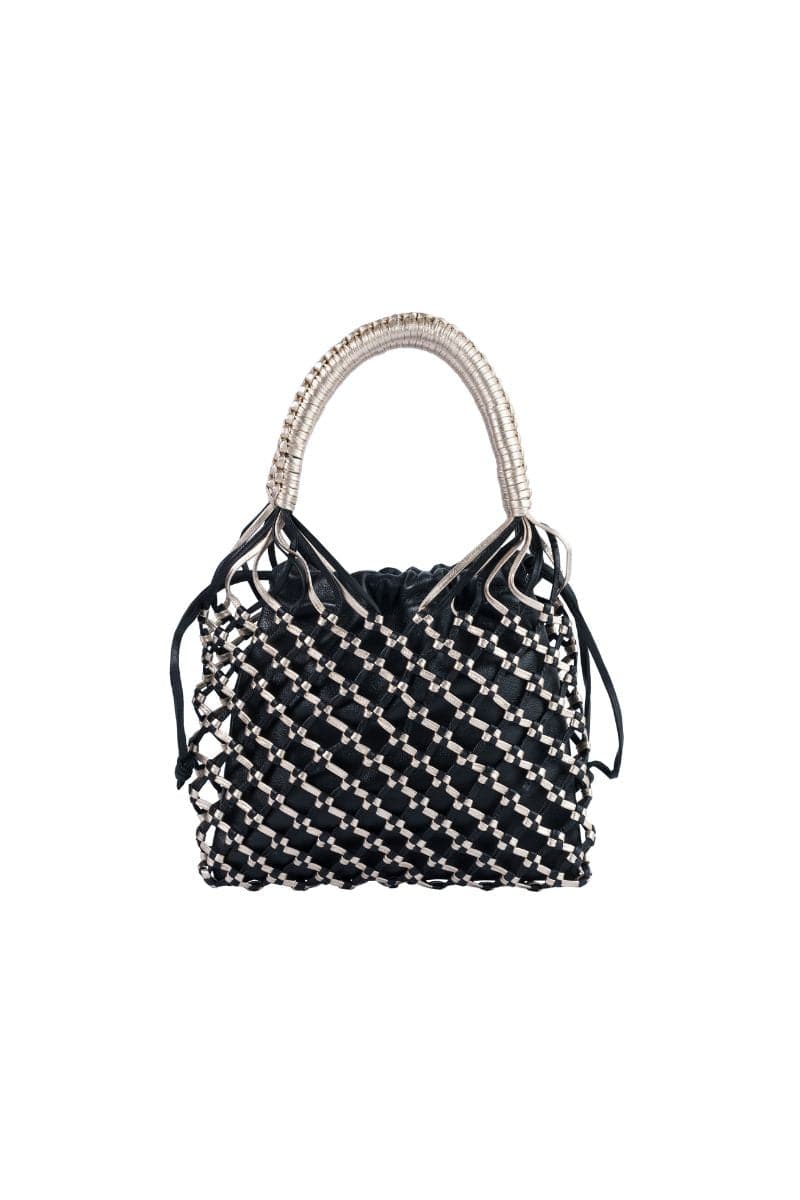 Black La Red mini leather top handle bag by Adriana Castro, featuring a compact design with elegant craftsmanship.