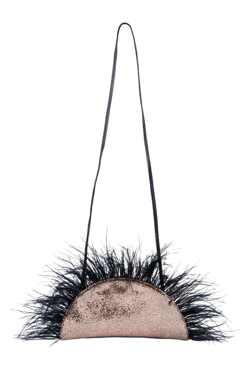Adriana Castro Copper Mambo Mini Clutch with textured metallic finish and compact design for elegant evening wear.