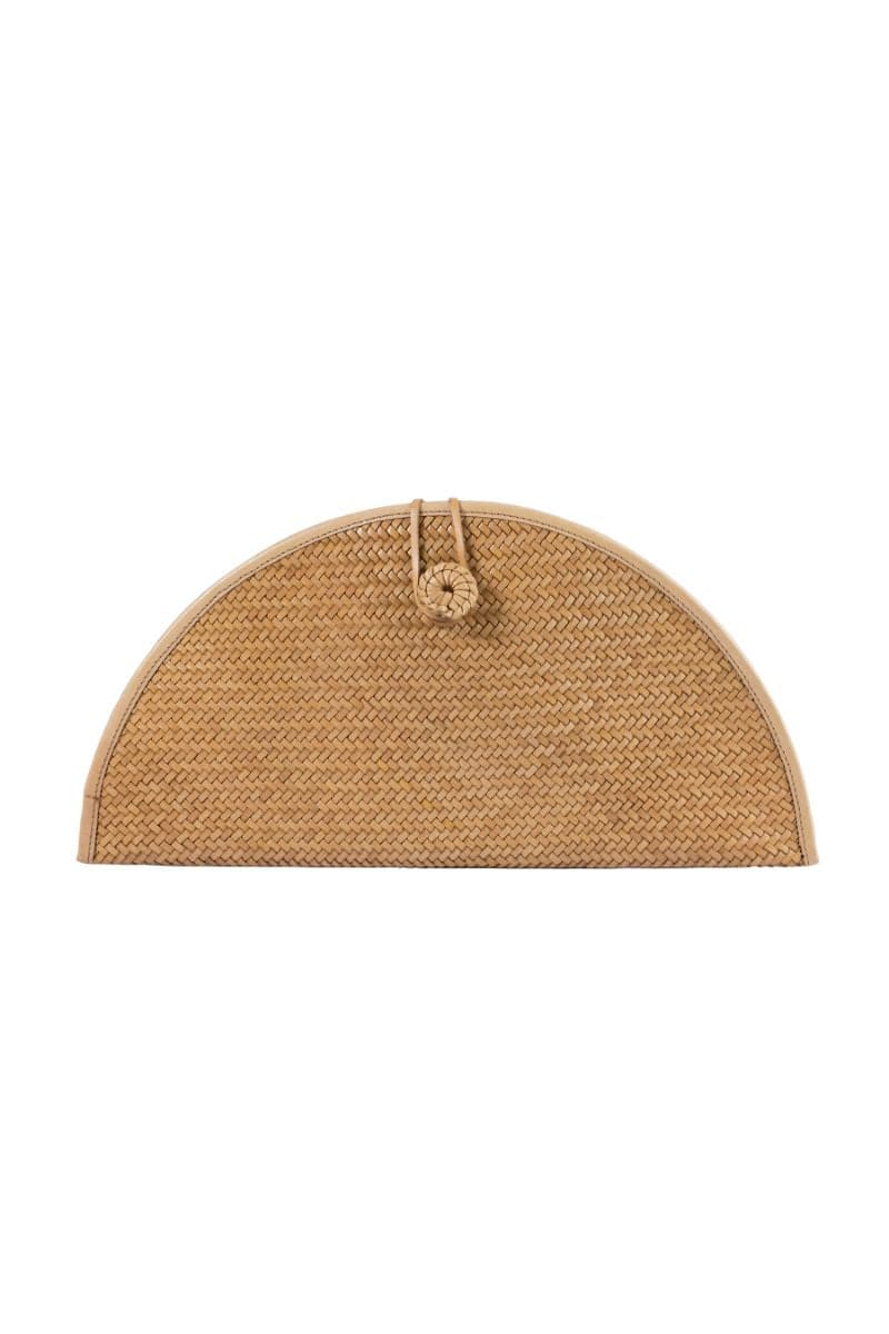 Nude leather clutch bag by Adriana Castro with sleek design and minimalist style, perfect for elegant occasions.