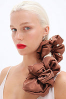 Aethera Amara silk scrunchie set with rhinestone embellishments in crimson, pistachio, and brown colors for stylish hair accessories.