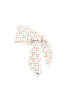Aethera checked Charlotte silk square scarf and Isla silk front tie pareo set in multicolor, styled as elegant hair accessories.