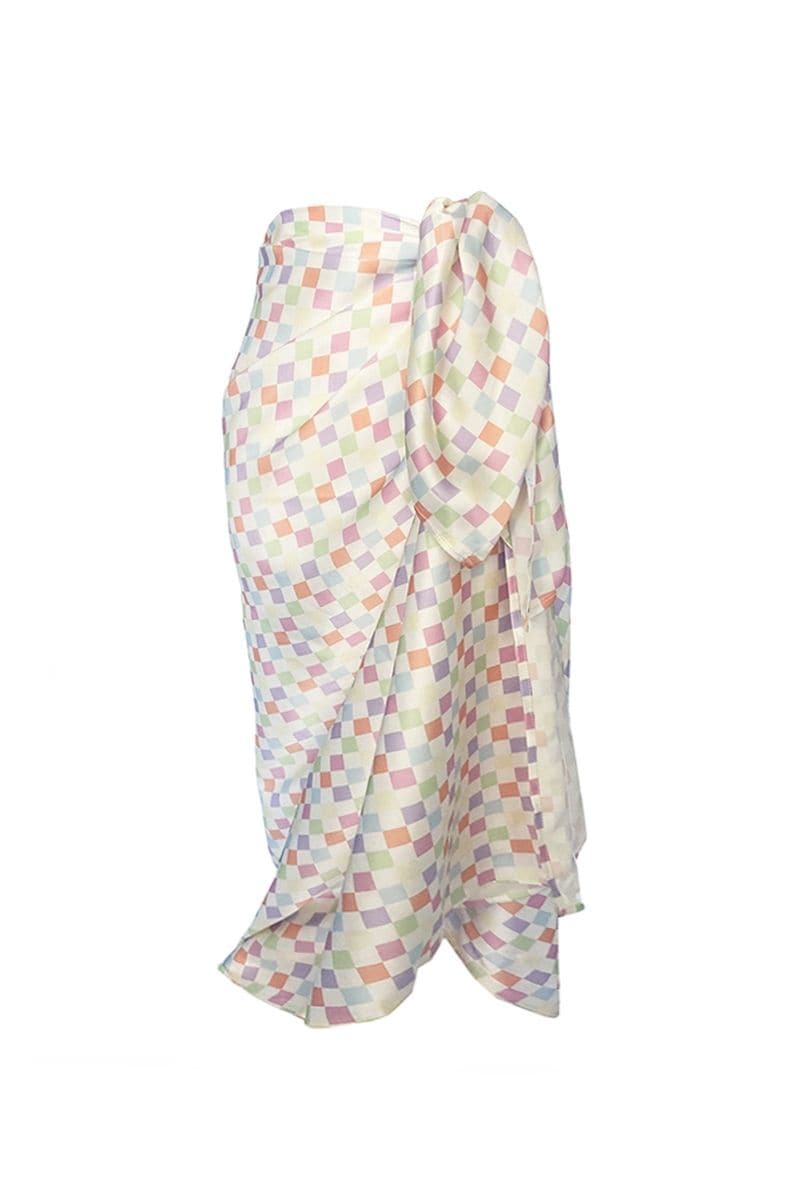 Aethera checked Charlotte silk square scarf and Isla silk front tie pareo set in multicolor, suitable as elegant hair accessories.