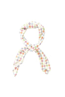 Aethera checked Charlotte silk square scarf and Isla silk front tie pareo set in multicolor, displayed as stylish hair accessories.