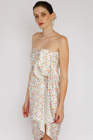 Aethera checked Charlotte silk square scarf and Isla silk front tie pareo set in multicolor, styled as hair accessories.