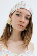 Aethera checked Charlotte silk square scarf and Isla silk front tie pareo set in multicolor, featuring elegant hair accessories.