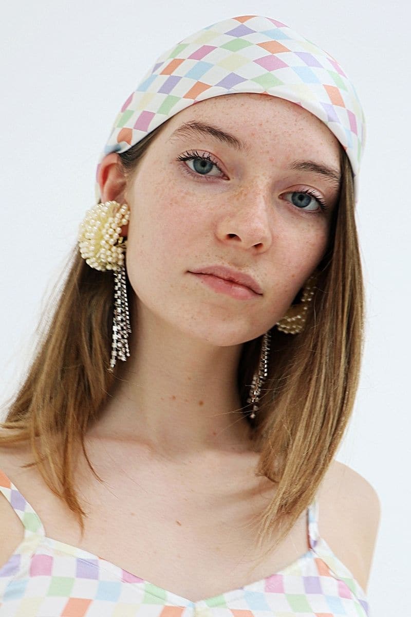 Aethera checked Charlotte silk square scarf and Isla silk front tie pareo set in multicolor, featuring elegant hair accessories.