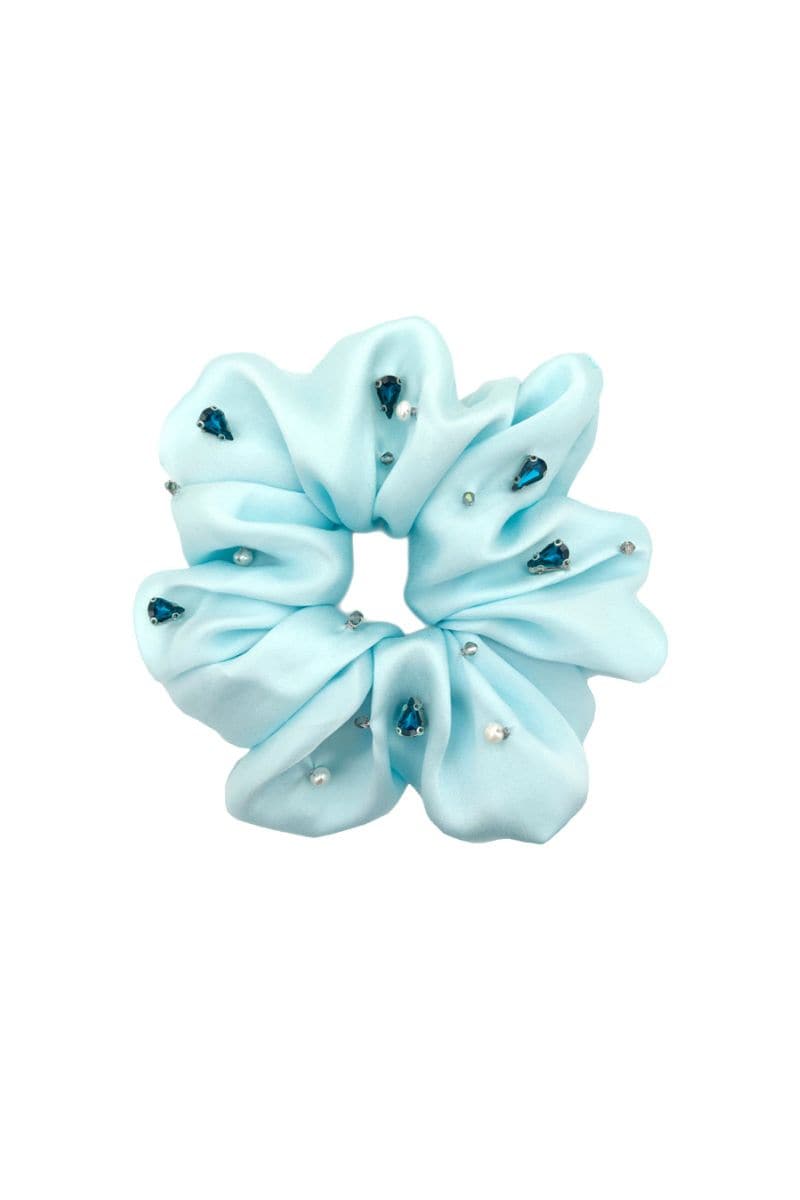Aqua blue embellished scrunchie from Aethera's Cult Mia X Aethera Harlow hair accessories collection.