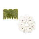 Aethera Fionnuala comb and Harlow oversized silk scrunchie set in jade pearl, featuring a decorative hair comb and large silk hair accessories.