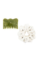 Aethera Fionnuala comb and Harlow oversized silk scrunchie set in jade pearl, featuring a decorative hair comb and large silk hair accessories.