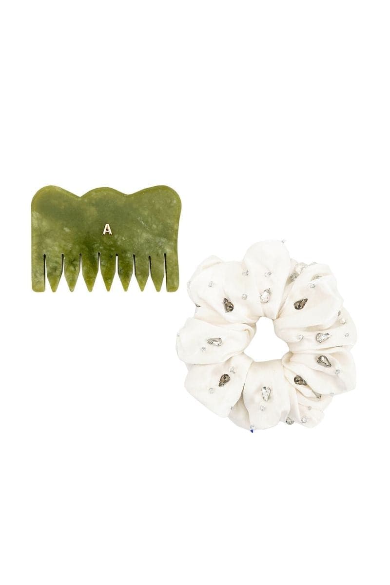 Aethera Fionnuala comb and Harlow oversized silk scrunchie set in jade pearl, featuring a decorative hair comb and large silk hair accessories.