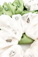 Aethera Fionnuala comb and Harlow oversized silk scrunchie set in jade pearl, featuring a decorative hair comb and large fabric scrunchie.