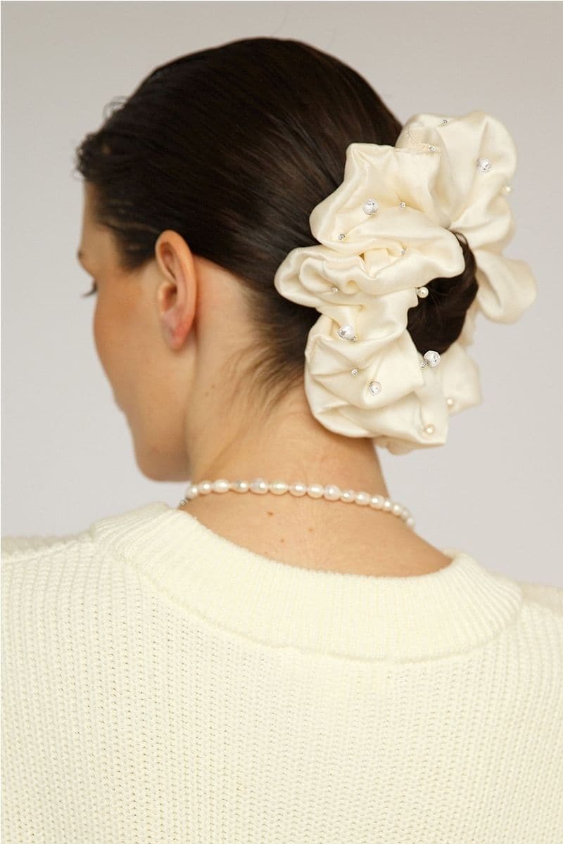 Aethera Francoise embellished silk scrunchie set with bronze and pearl accents, featuring luxurious hair accessories.