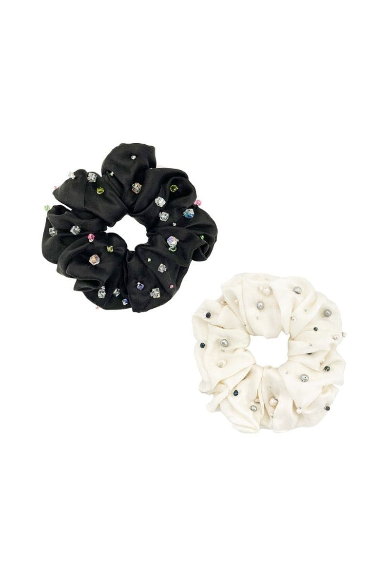 Aethera Ottilie and Oceania silk scrunchie set in black with pearl accents, made of smooth, luxurious silk hair accessories.