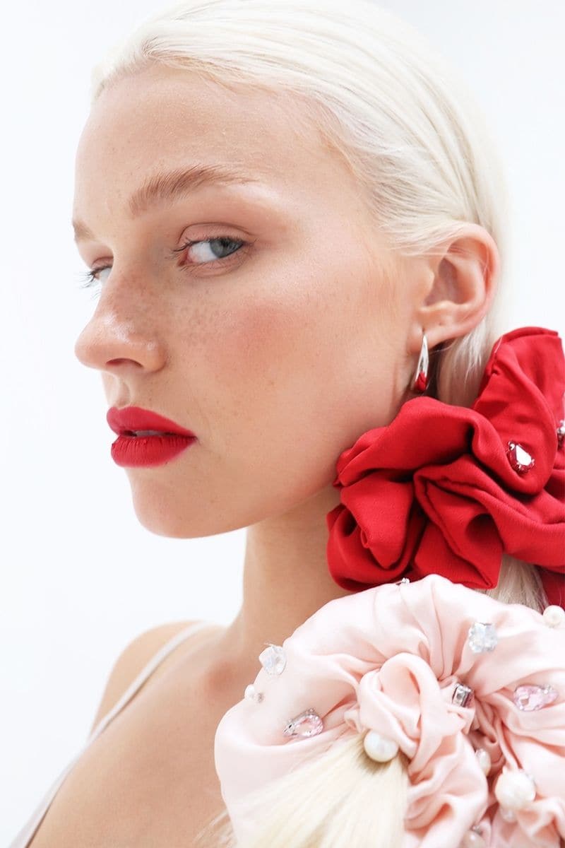 Aethera Solveig petite comb and Harlow embellished oversized silk scrunchie set in jade and rose colors, displayed together.