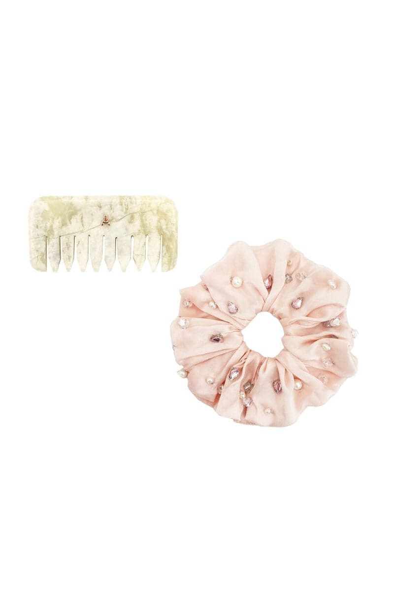 Aethera Solveig petite comb and Harlow embellished oversized silk scrunchie set with jade and rose accents, hair accessories for styling.
